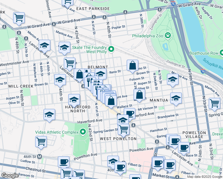map of restaurants, bars, coffee shops, grocery stores, and more near 4022 Aspen Street in Philadelphia