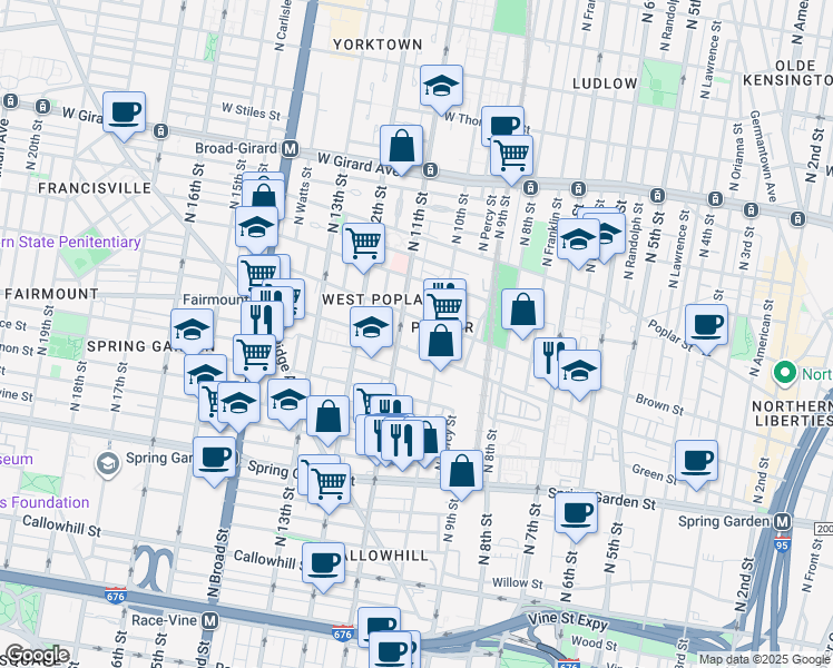 map of restaurants, bars, coffee shops, grocery stores, and more near 706 North Warnock Street in Philadelphia