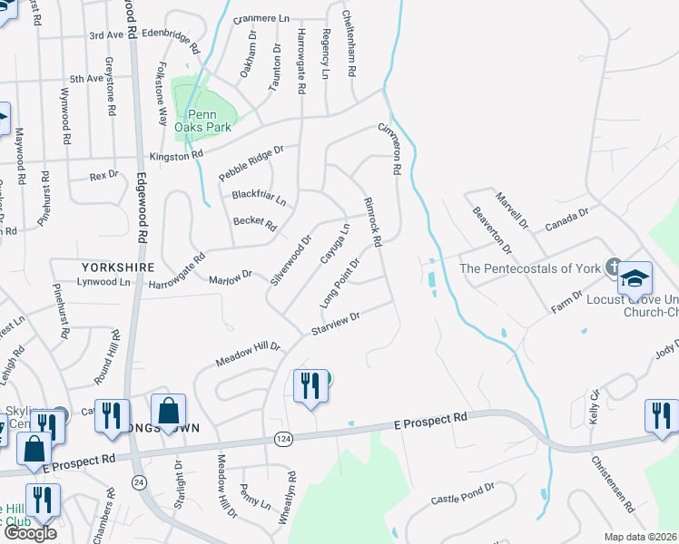map of restaurants, bars, coffee shops, grocery stores, and more near 3734 Long Point Drive in York