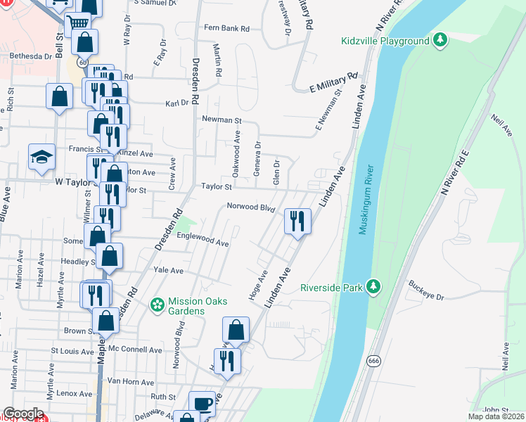 map of restaurants, bars, coffee shops, grocery stores, and more near 2138 Norwood Boulevard in Zanesville