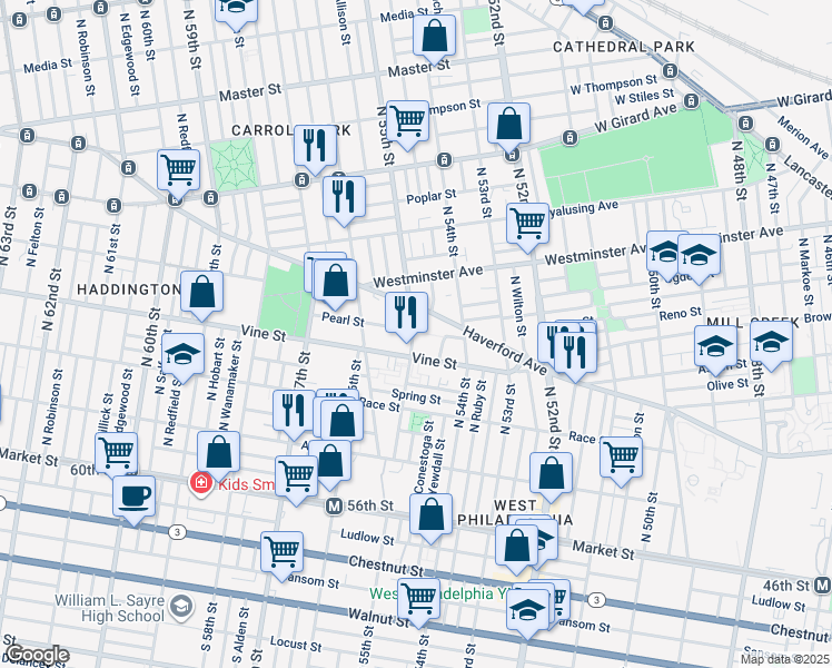 map of restaurants, bars, coffee shops, grocery stores, and more near 5460 Pearl Street in Philadelphia