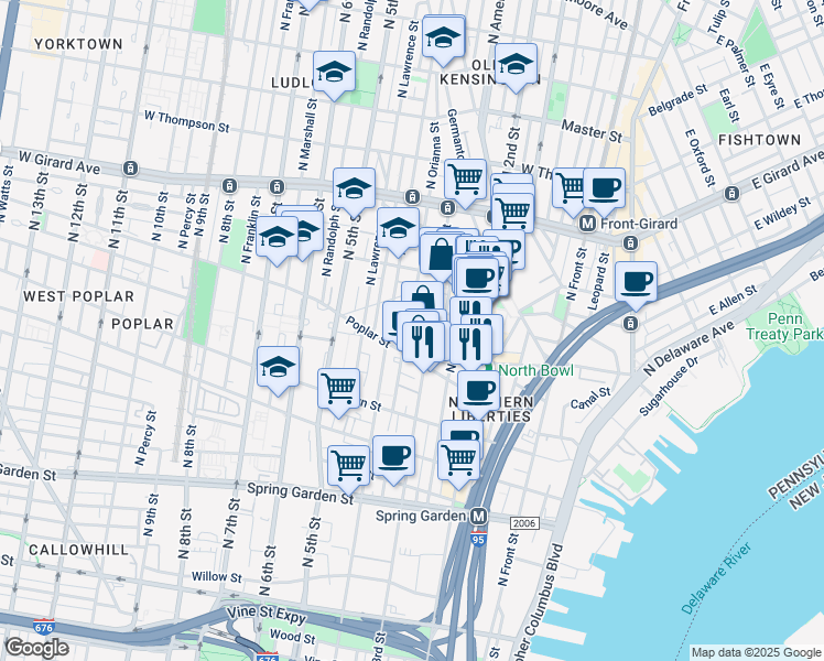map of restaurants, bars, coffee shops, grocery stores, and more near 937 North Orianna Street in Philadelphia