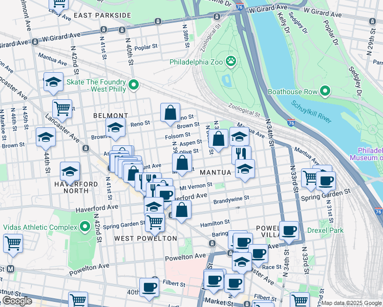 map of restaurants, bars, coffee shops, grocery stores, and more near 3832 Olive Street in Philadelphia
