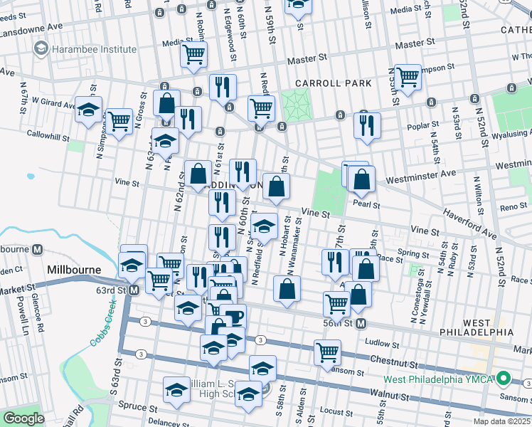 map of restaurants, bars, coffee shops, grocery stores, and more near 5919 Summer Street in Philadelphia