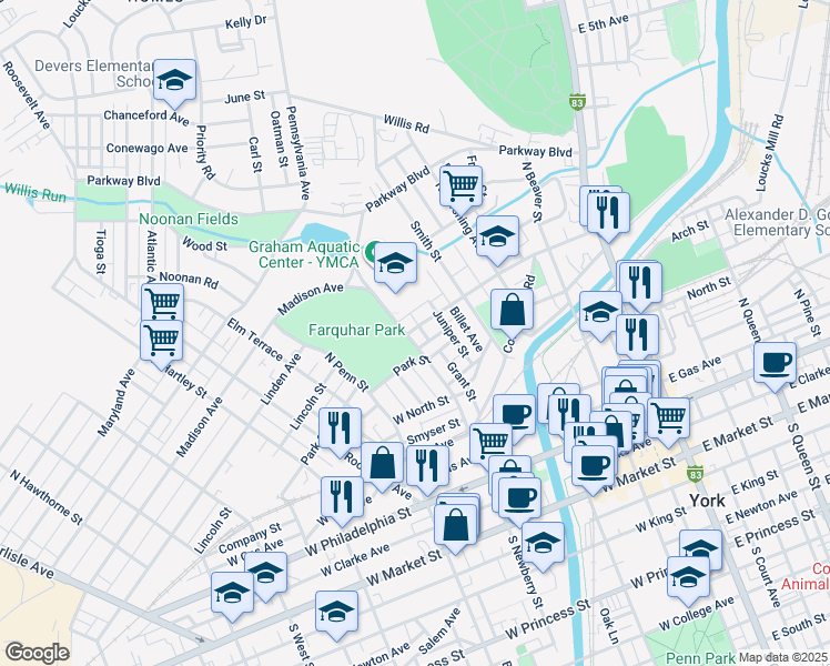 map of restaurants, bars, coffee shops, grocery stores, and more near 433 North Newberry Street in York