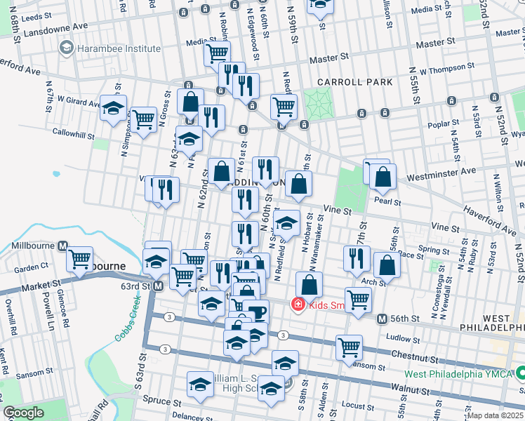 map of restaurants, bars, coffee shops, grocery stores, and more near 230 North 60th Street in Philadelphia