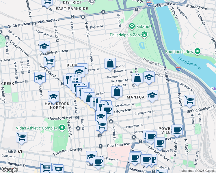 map of restaurants, bars, coffee shops, grocery stores, and more near 700-14 North 39th Street in Philadelphia