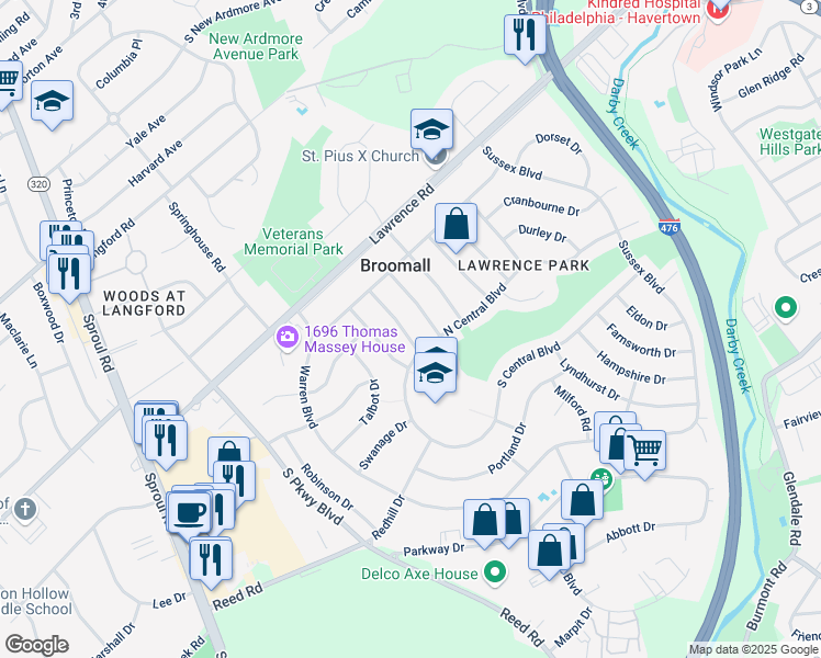 map of restaurants, bars, coffee shops, grocery stores, and more near 217 Bourne Drive in Broomall