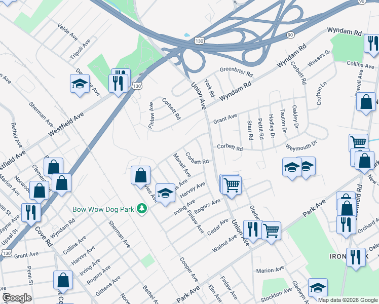 map of restaurants, bars, coffee shops, grocery stores, and more near 2612 Corbett Road in Pennsauken Township