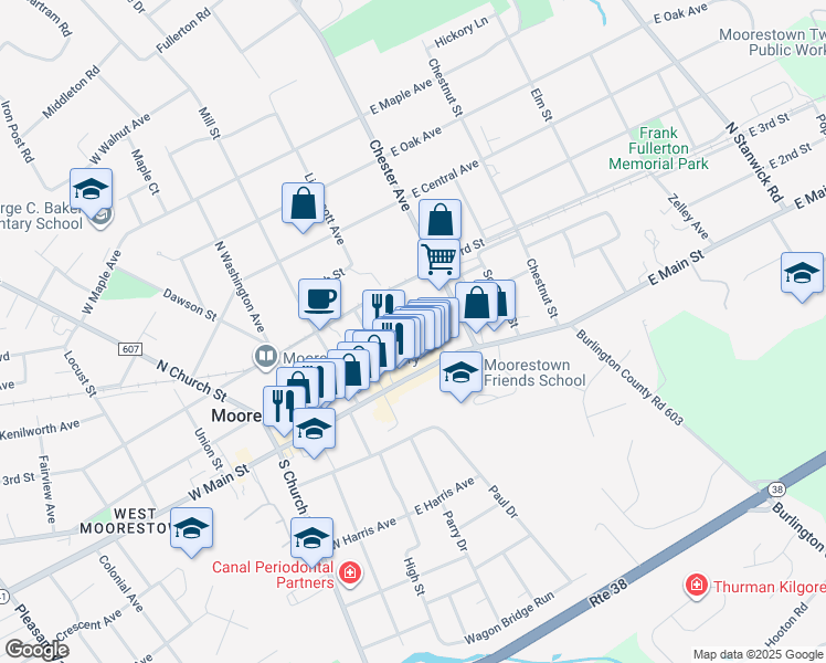 map of restaurants, bars, coffee shops, grocery stores, and more near 78 East 2nd Street in Moorestown
