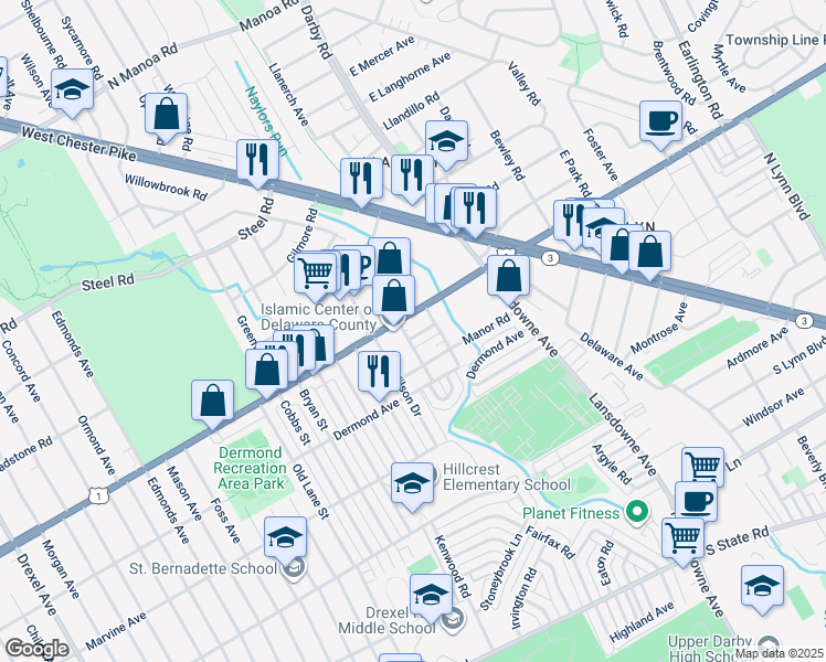 map of restaurants, bars, coffee shops, grocery stores, and more near 2415 David Drive in Havertown