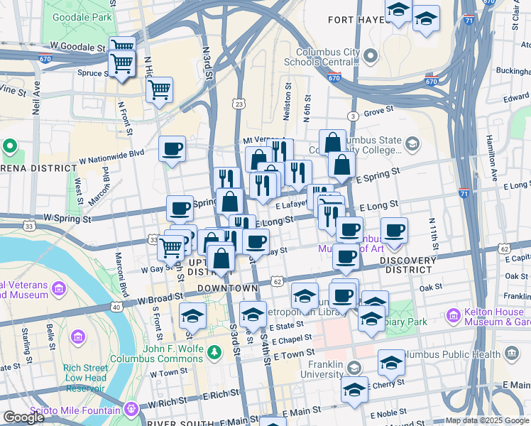map of restaurants, bars, coffee shops, grocery stores, and more near 230 East Long Street in Columbus