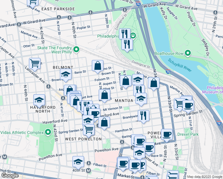 map of restaurants, bars, coffee shops, grocery stores, and more near 3824 Olive Street in Philadelphia