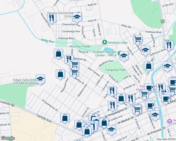 map of restaurants, bars, coffee shops, grocery stores, and more near 463 Pennsylvania Avenue in York
