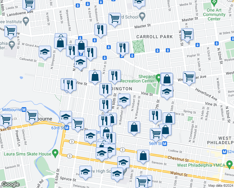 map of restaurants, bars, coffee shops, grocery stores, and more near 245 North 60th Street in Philadelphia