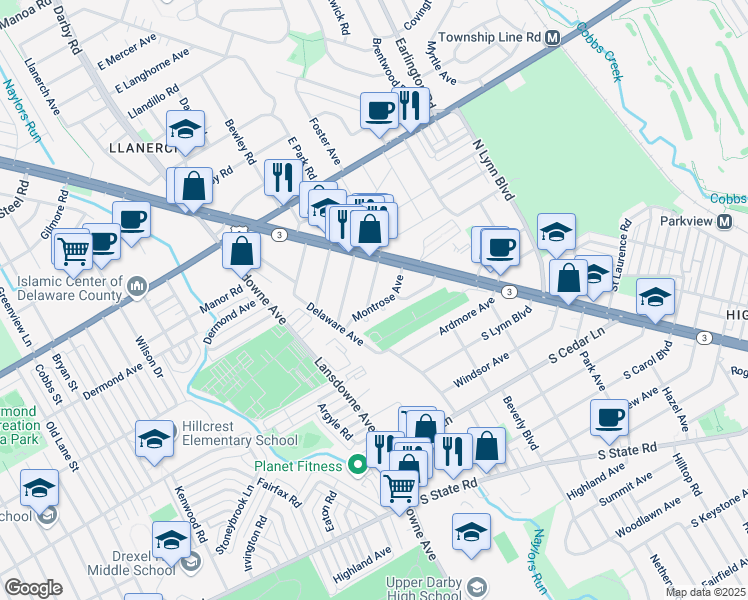 map of restaurants, bars, coffee shops, grocery stores, and more near 35 South Linden Avenue in Delaware County