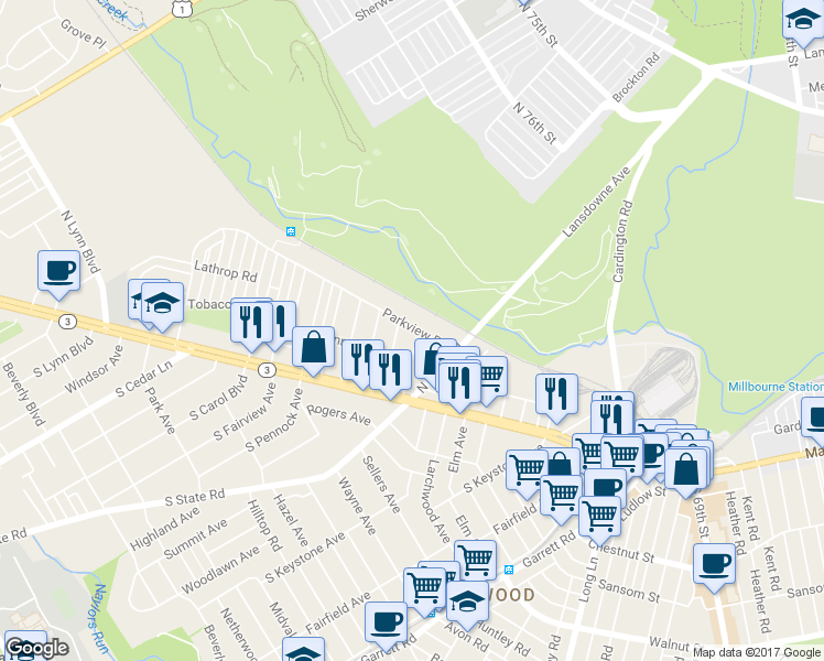 map of restaurants, bars, coffee shops, grocery stores, and more near 116 Ardsley Road in Delaware County