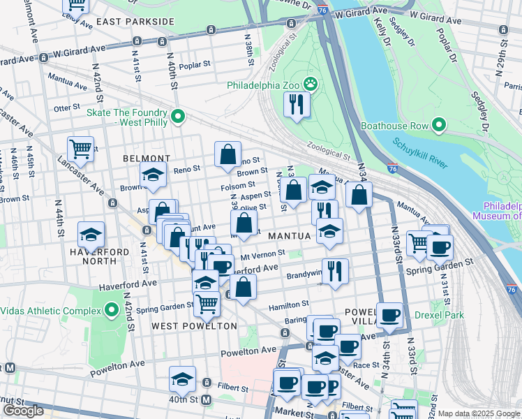 map of restaurants, bars, coffee shops, grocery stores, and more near 3824 Olive Street in Philadelphia