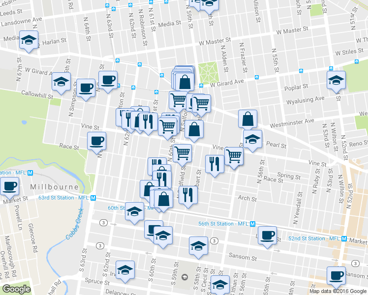 map of restaurants, bars, coffee shops, grocery stores, and more near 5929 Summer Street in Philadelphia