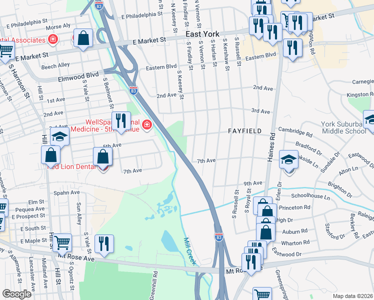 map of restaurants, bars, coffee shops, grocery stores, and more near 540 South Findlay Street in East York