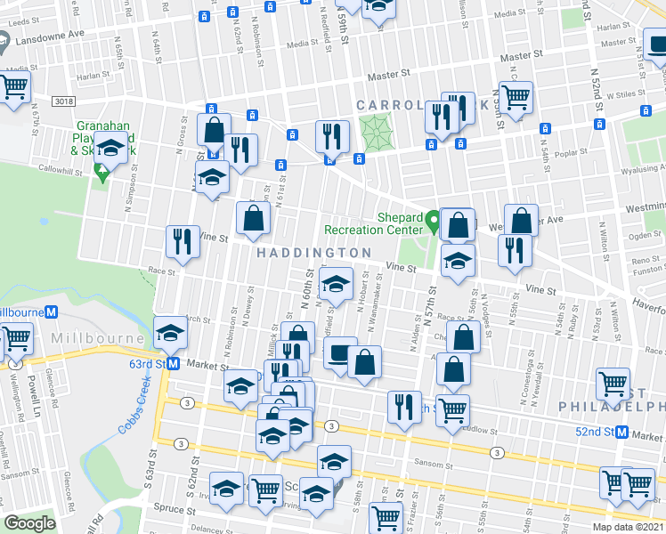 map of restaurants, bars, coffee shops, grocery stores, and more near 5929 Summer Street in Philadelphia