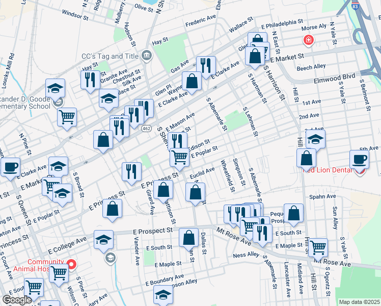 map of restaurants, bars, coffee shops, grocery stores, and more near 863 East Poplar Street in York