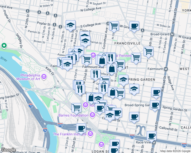 map of restaurants, bars, coffee shops, grocery stores, and more near in Philadelphia