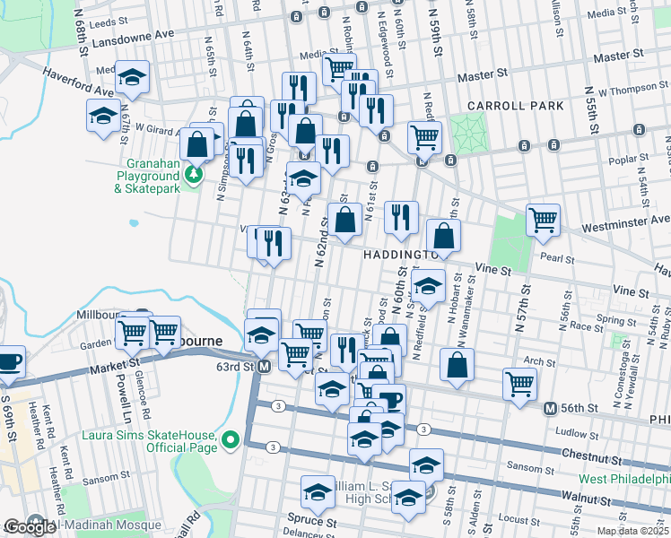 map of restaurants, bars, coffee shops, grocery stores, and more near 224 North Robinson Street in Philadelphia