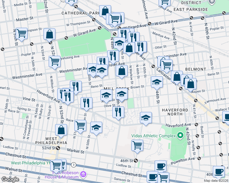 map of restaurants, bars, coffee shops, grocery stores, and more near 4800 Brown Street in Philadelphia