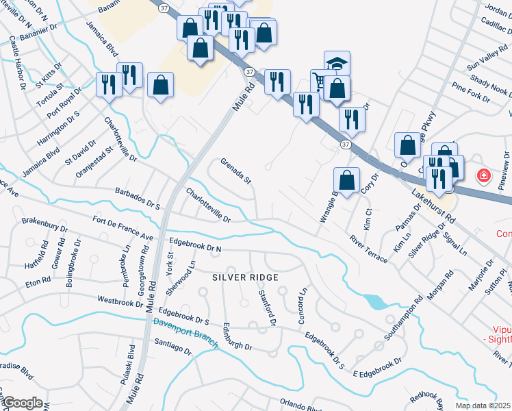 map of restaurants, bars, coffee shops, grocery stores, and more near 7 Grenada Street in Toms River