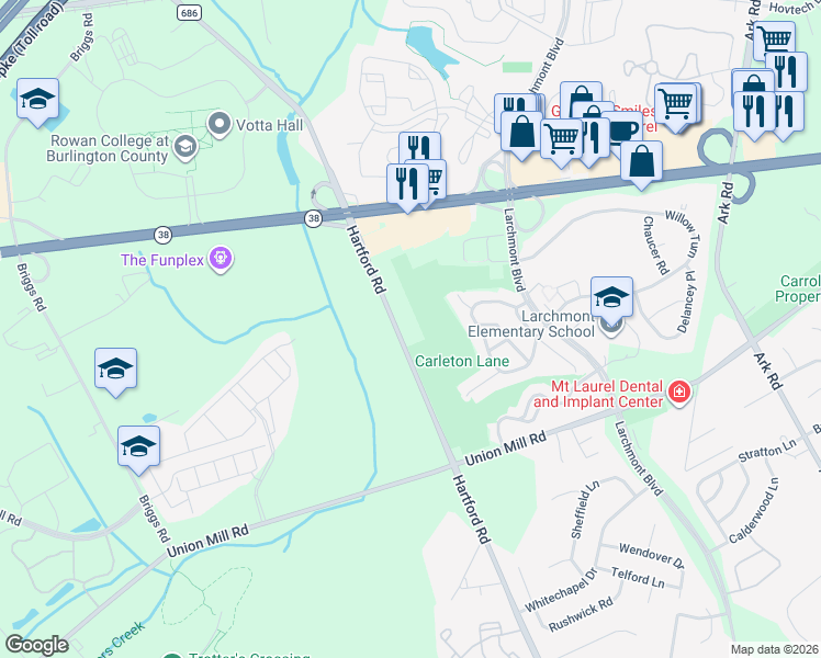 map of restaurants, bars, coffee shops, grocery stores, and more near 227 Hartford Road in Mount Laurel Township