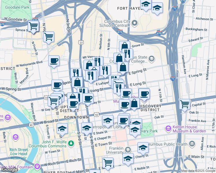 map of restaurants, bars, coffee shops, grocery stores, and more near 288 East Long Street in Columbus