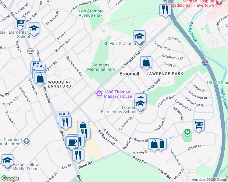map of restaurants, bars, coffee shops, grocery stores, and more near 361 Hastings Boulevard in Broomall