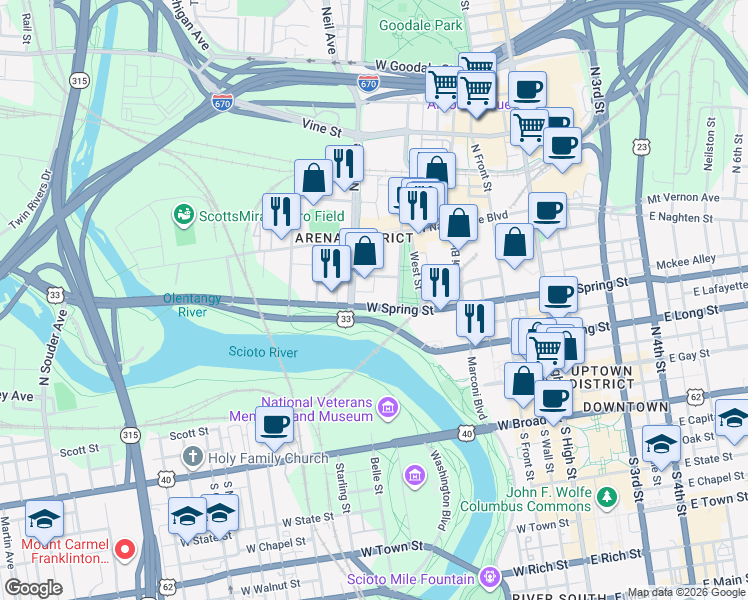 map of restaurants, bars, coffee shops, grocery stores, and more near 242 West Spring Street in Columbus