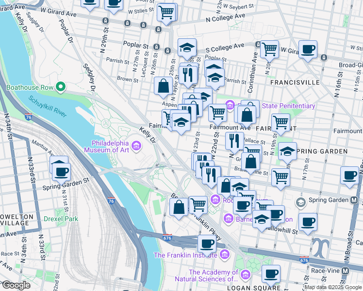 map of restaurants, bars, coffee shops, grocery stores, and more near 2327 Green St in Philadelphia