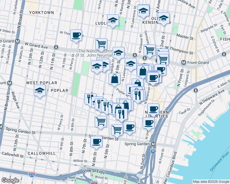 map of restaurants, bars, coffee shops, grocery stores, and more near in Philadelphia