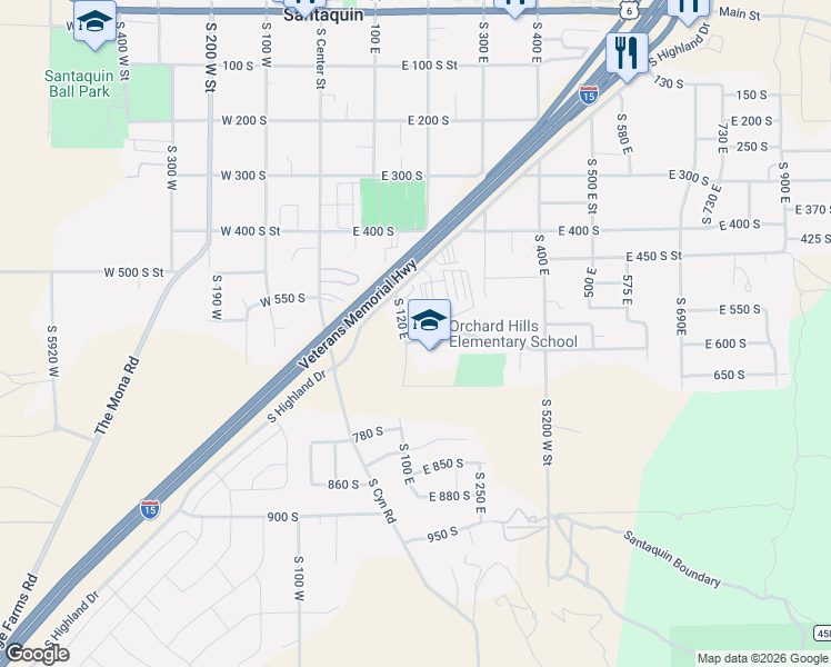 map of restaurants, bars, coffee shops, grocery stores, and more near 177 610 South in Santaquin