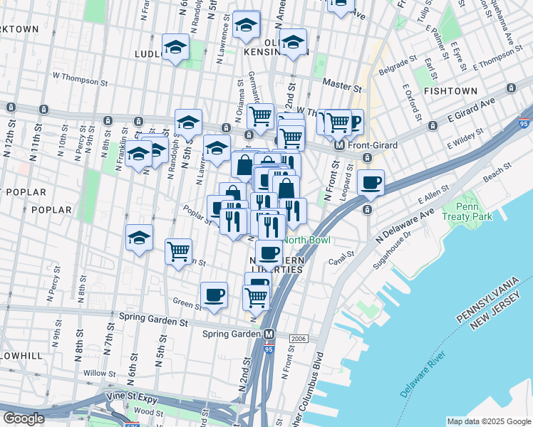 map of restaurants, bars, coffee shops, grocery stores, and more near 957 North American Street in Philadelphia