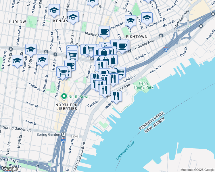 map of restaurants, bars, coffee shops, grocery stores, and more near 114 Richmond Street in Philadelphia