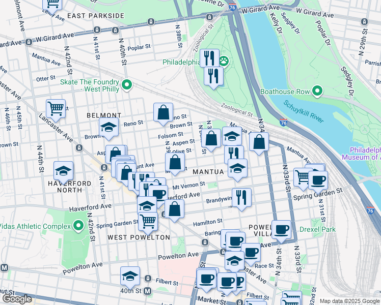 map of restaurants, bars, coffee shops, grocery stores, and more near 3812 Olive Street in Philadelphia