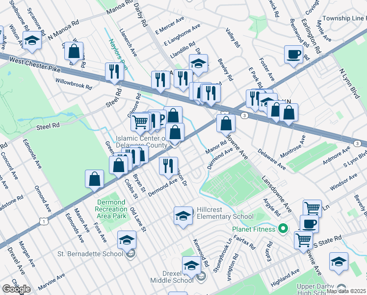 map of restaurants, bars, coffee shops, grocery stores, and more near 2415 David Drive in Havertown