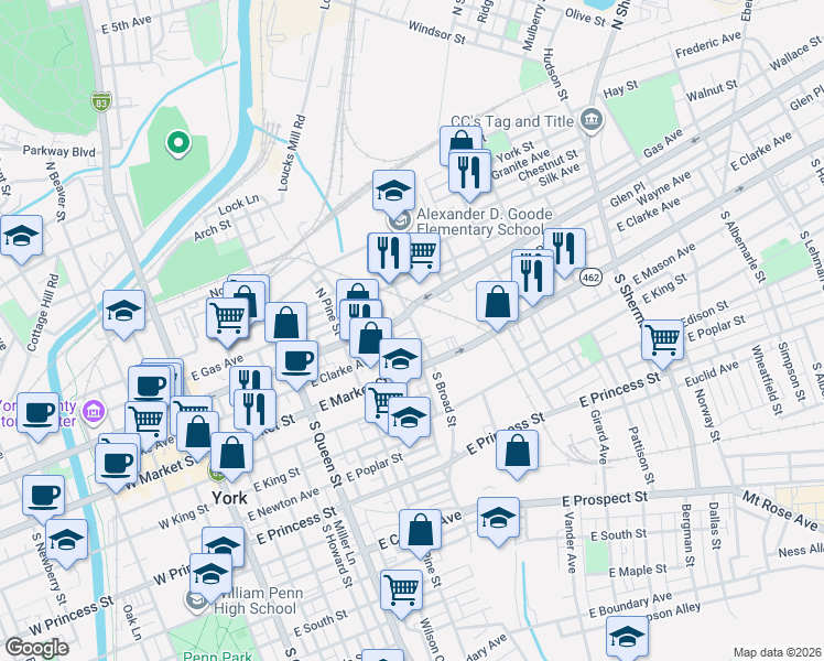 map of restaurants, bars, coffee shops, grocery stores, and more near 362 East Philadelphia Street in York