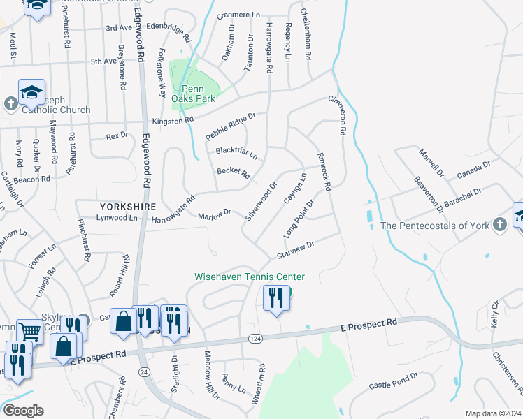 map of restaurants, bars, coffee shops, grocery stores, and more near 3753 Silverwood Drive in York