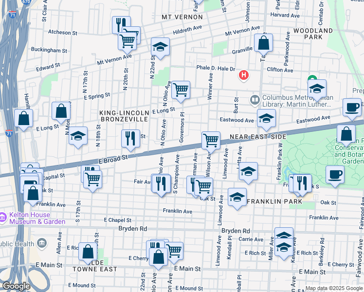 map of restaurants, bars, coffee shops, grocery stores, and more near 1212 East Broad Street in Columbus