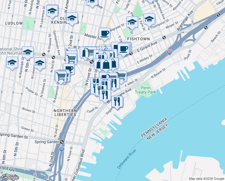 map of restaurants, bars, coffee shops, grocery stores, and more near 136 Melvale Street in Philadelphia
