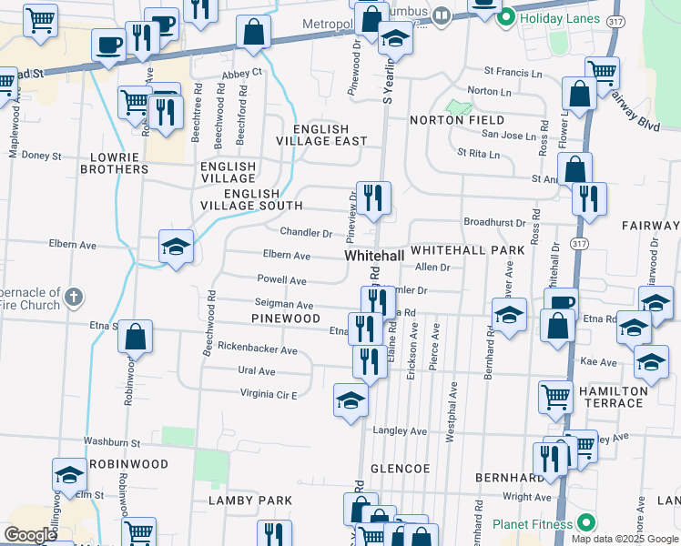 map of restaurants, bars, coffee shops, grocery stores, and more near 397 Pineview Drive in Columbus