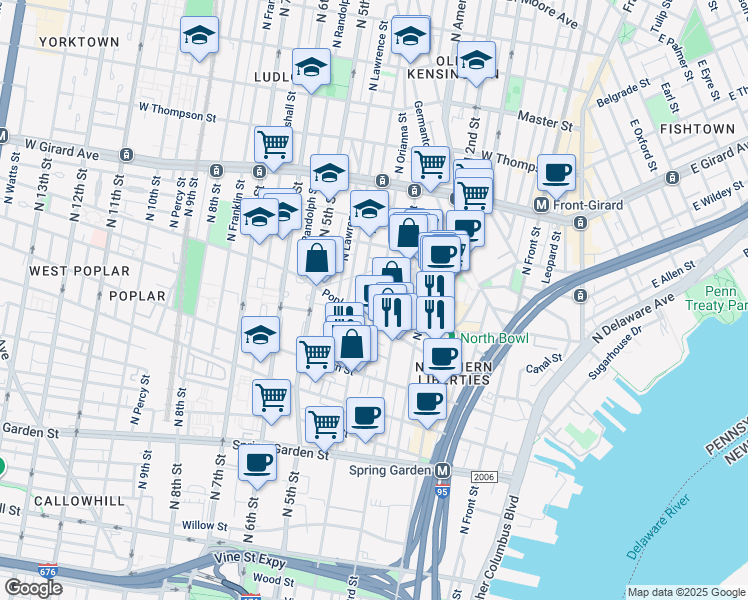 map of restaurants, bars, coffee shops, grocery stores, and more near 926 North Orianna Street in Philadelphia
