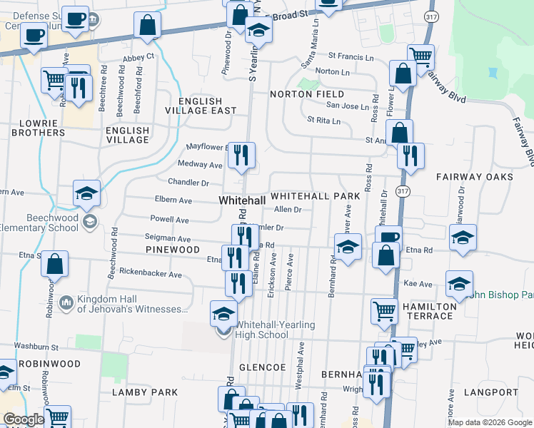 map of restaurants, bars, coffee shops, grocery stores, and more near 424 Wolfe Avenue in Columbus