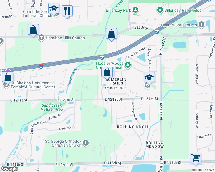 map of restaurants, bars, coffee shops, grocery stores, and more near 10798 Treasure Trail in Fishers