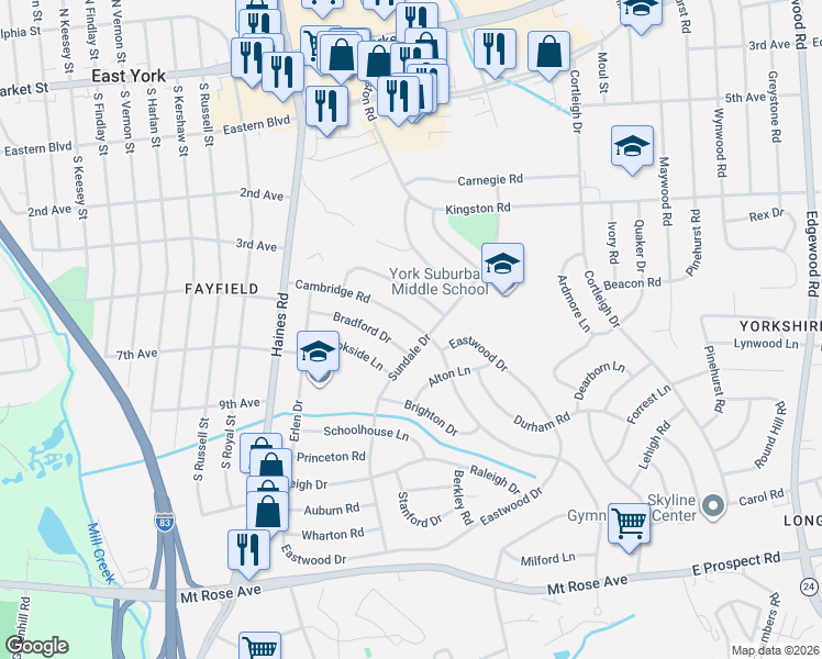 map of restaurants, bars, coffee shops, grocery stores, and more near 2476 Cambridge Road in East York